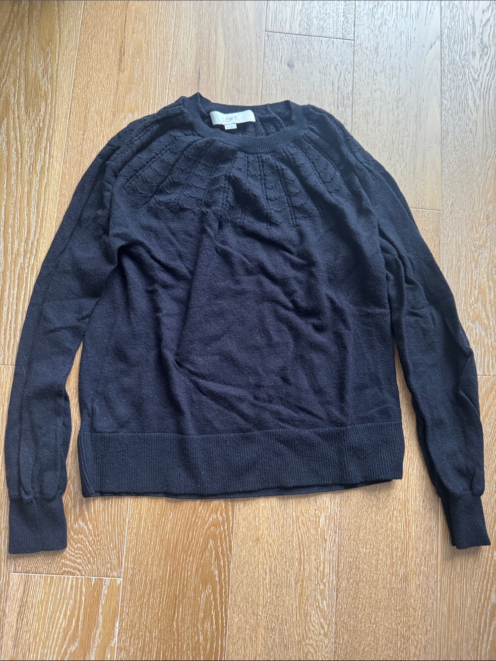 LOFT Black Crewneck Sweater with Textured Yoke